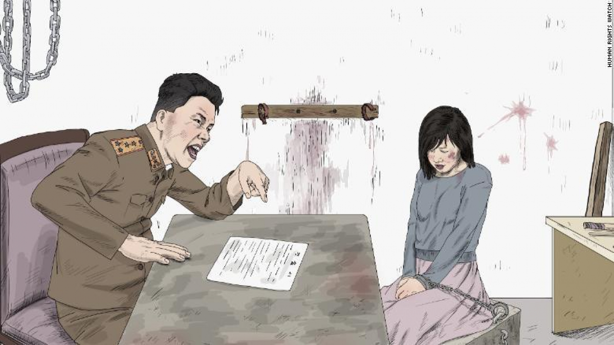 Recreación de una escena en la que un policía chino inquiere a una mujer norcoreana. 