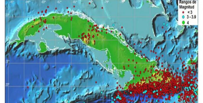 Mapa de la actividad sísmica en Cuba durante 2019.