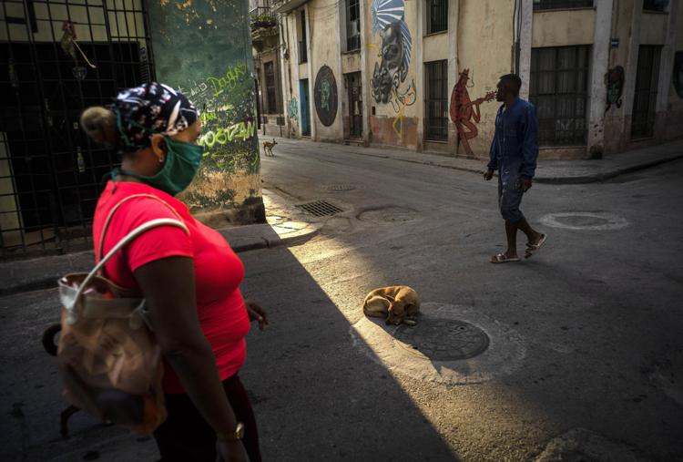 Un perro toma sol en medio de una calle transitada por peatones en La Habana.