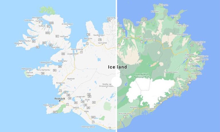 El mapa de Islandia antes y después de la actualización.
