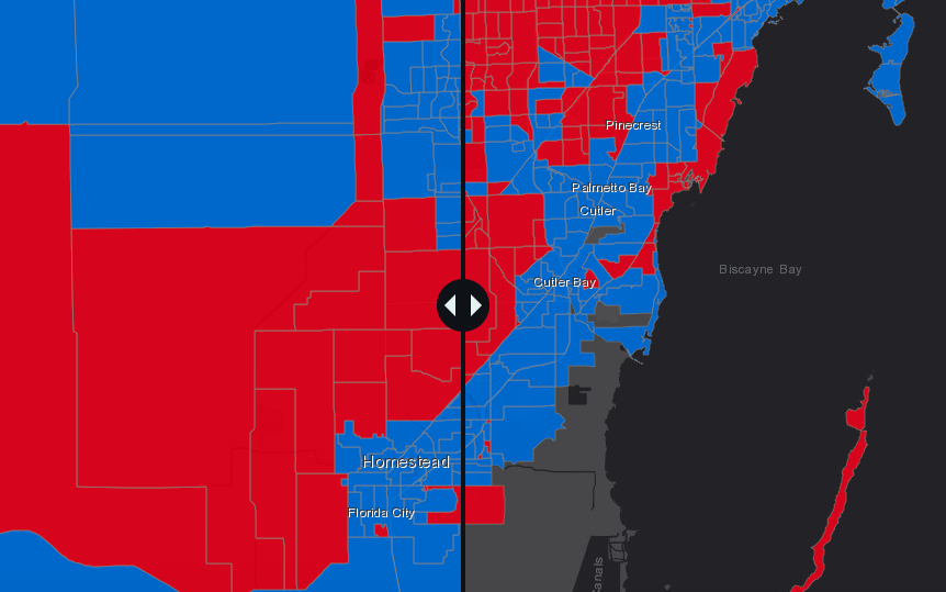 Comparativa de votos en Miami-Dade entre 2016 (izq.) y 2020 (der.).