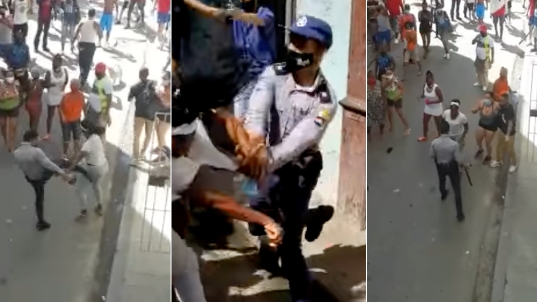 Momentos en que el Policía cubano da una patada y golpea a una mujer en La Habana.