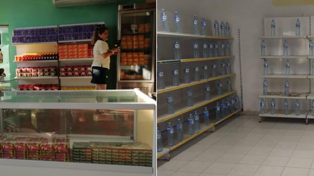 Una tienda en MLC llena y una en pesos cubanos solo con pomos de agua.
