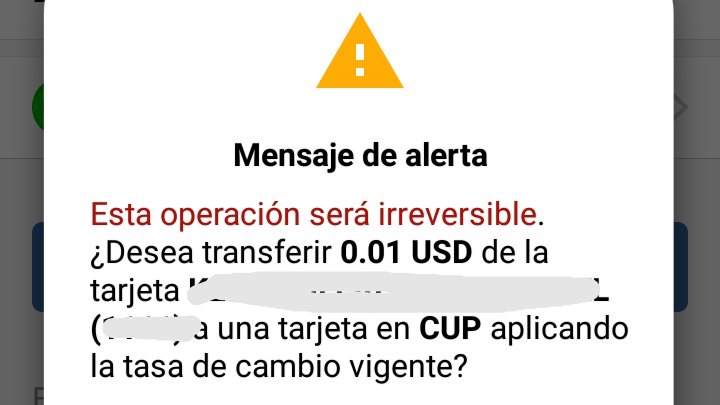 Mensaje de EnZona al hacer transferencias de dólares a pesos cubanos.