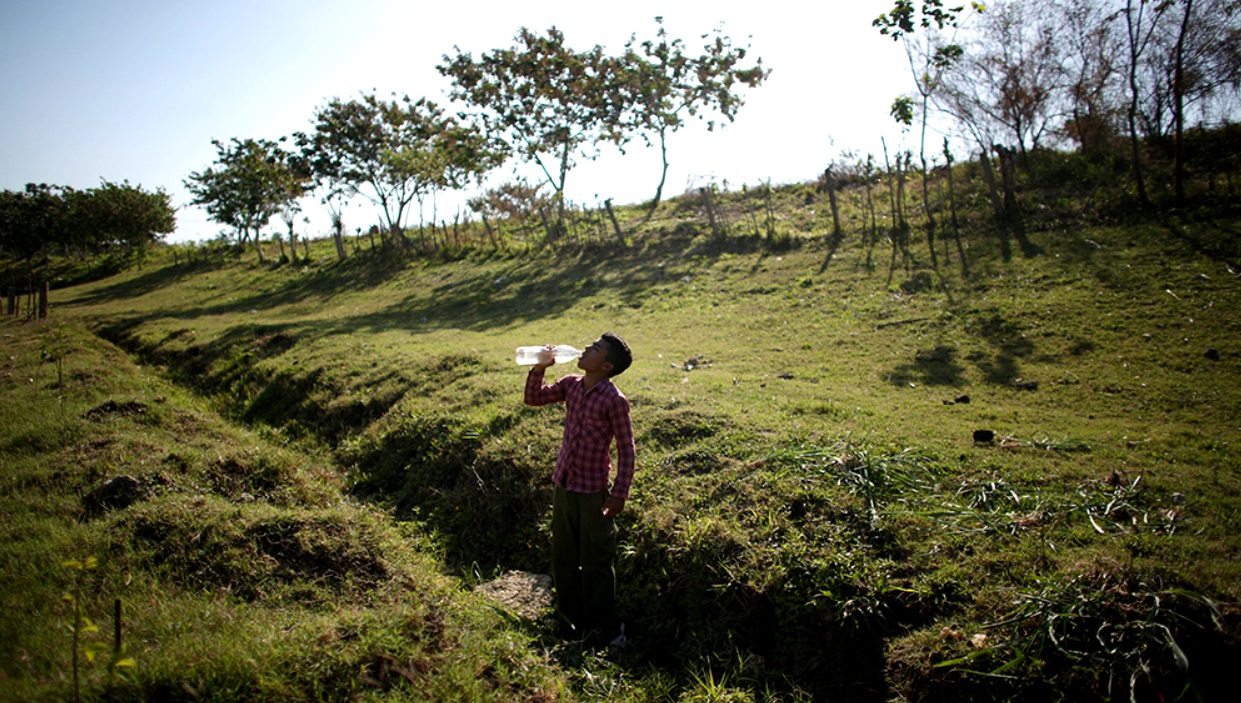 Un joven bebe agua en un campo de Cuba.