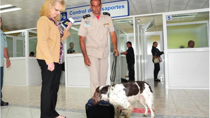 Trabajador de la Aduana utiliza un perro para buscar drogas.