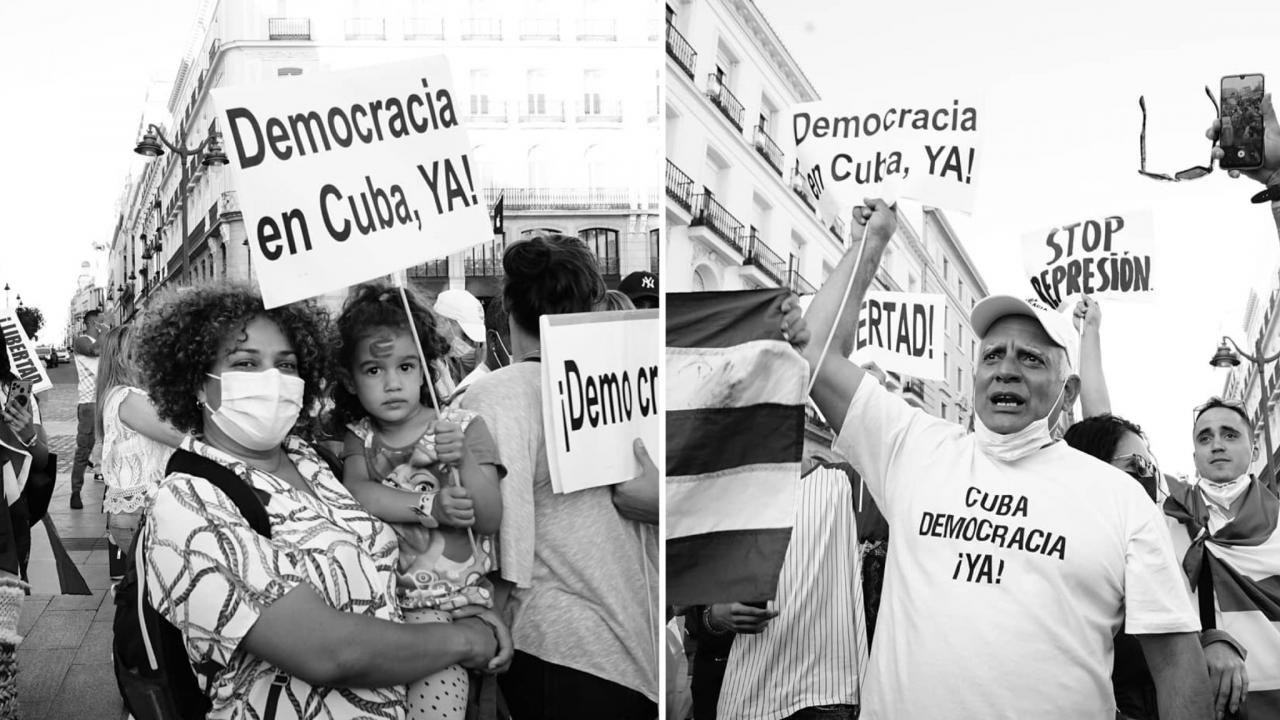 Cubanos se manifiestan en Madrid por libertades en la Isla.