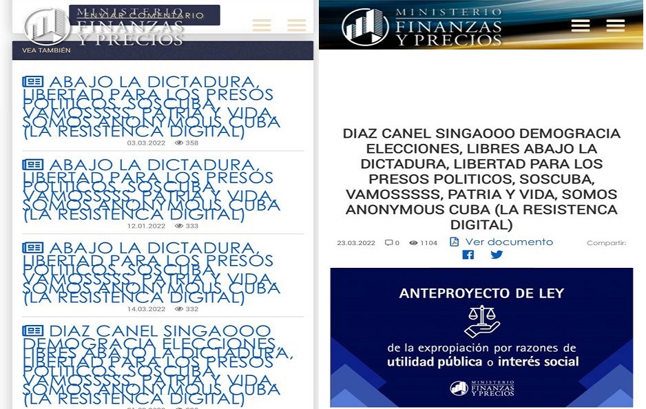 Vistas de la página web del Ministerio de Finanzas y Precios luego del ataque de Anonymous Cuba..
