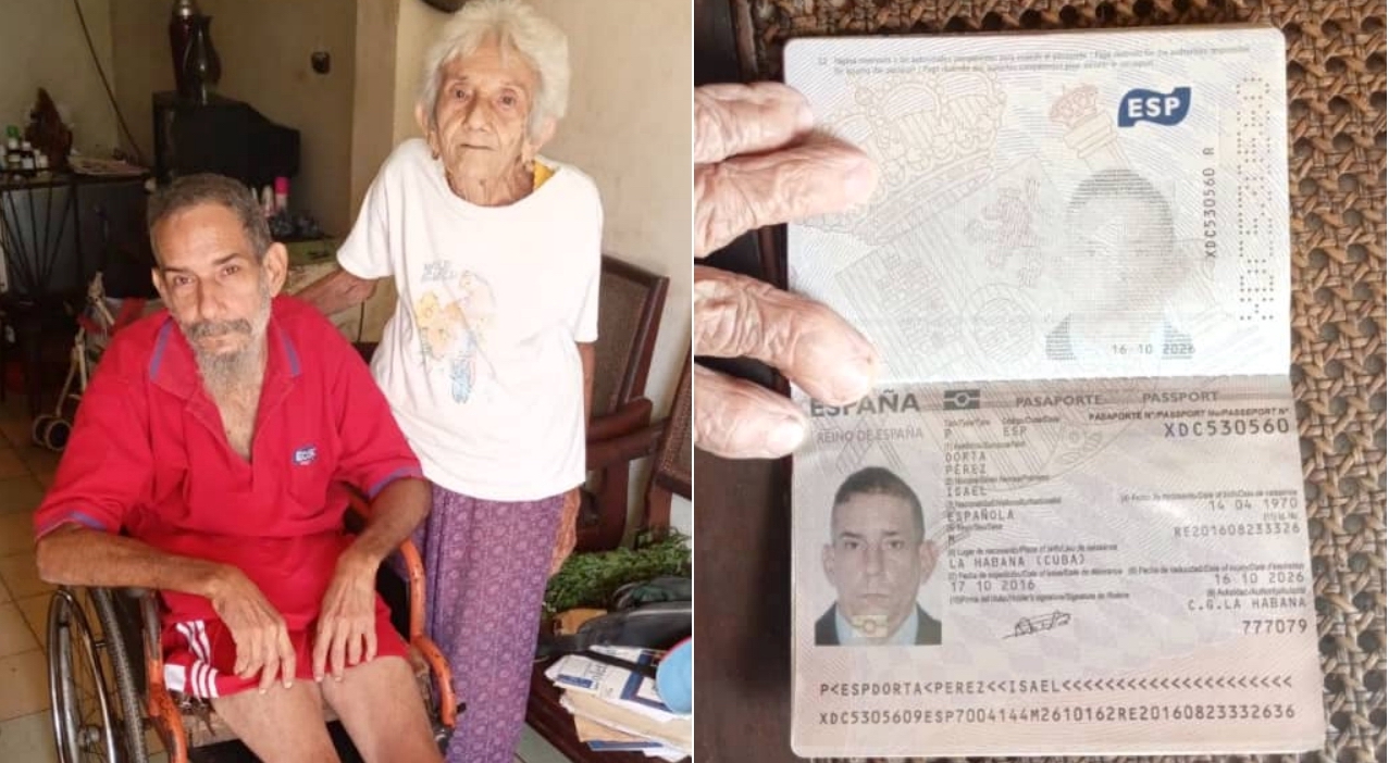 Isael Dorta Pérez junto a su madre. A la derecha, su pasaporte español.