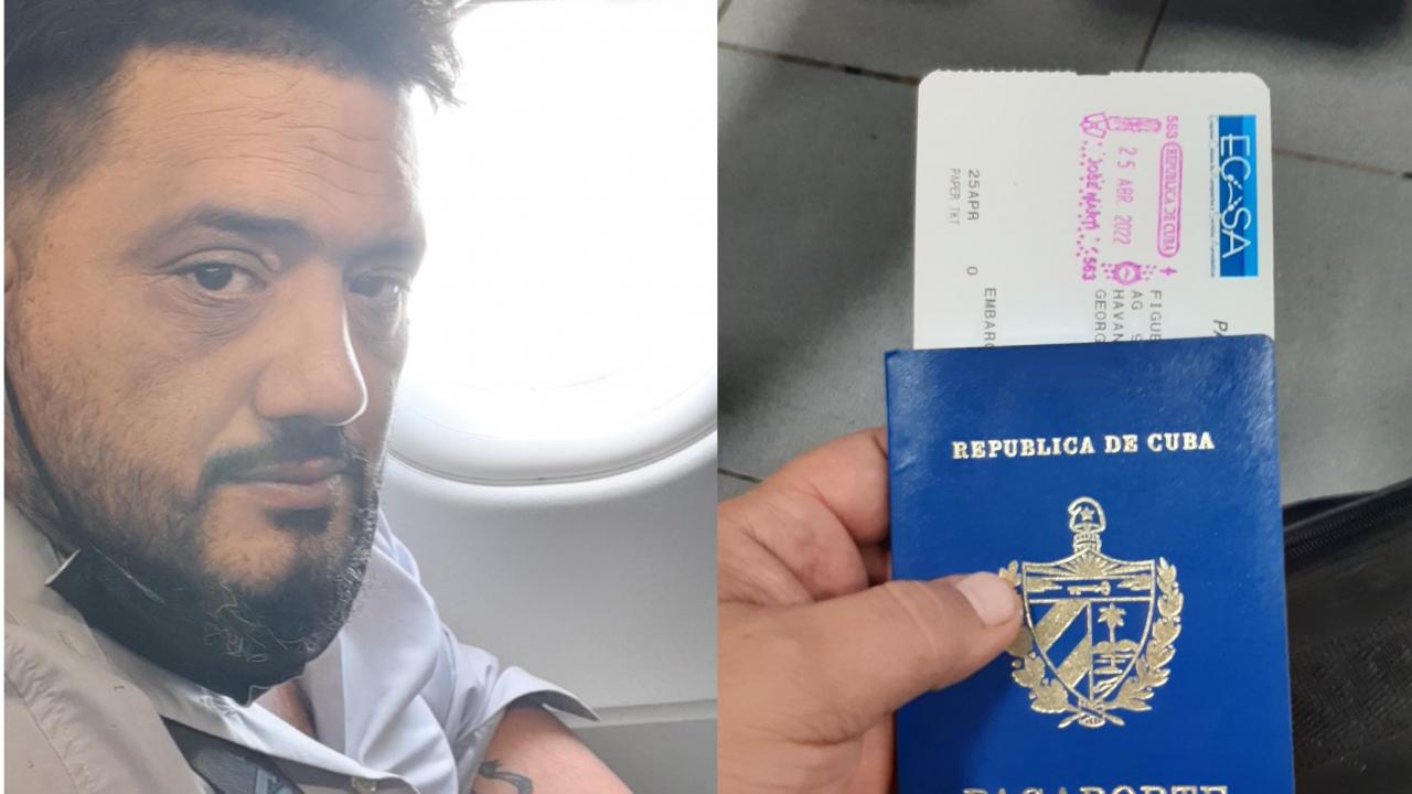 El médico cubano Alexander Jesús Figueredo en el avión (izq) y su pasaporte (der).