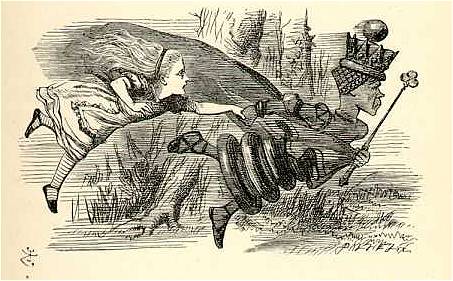 Alicia en vuelo con la Reina Roja, ilustración de Tenniel. 