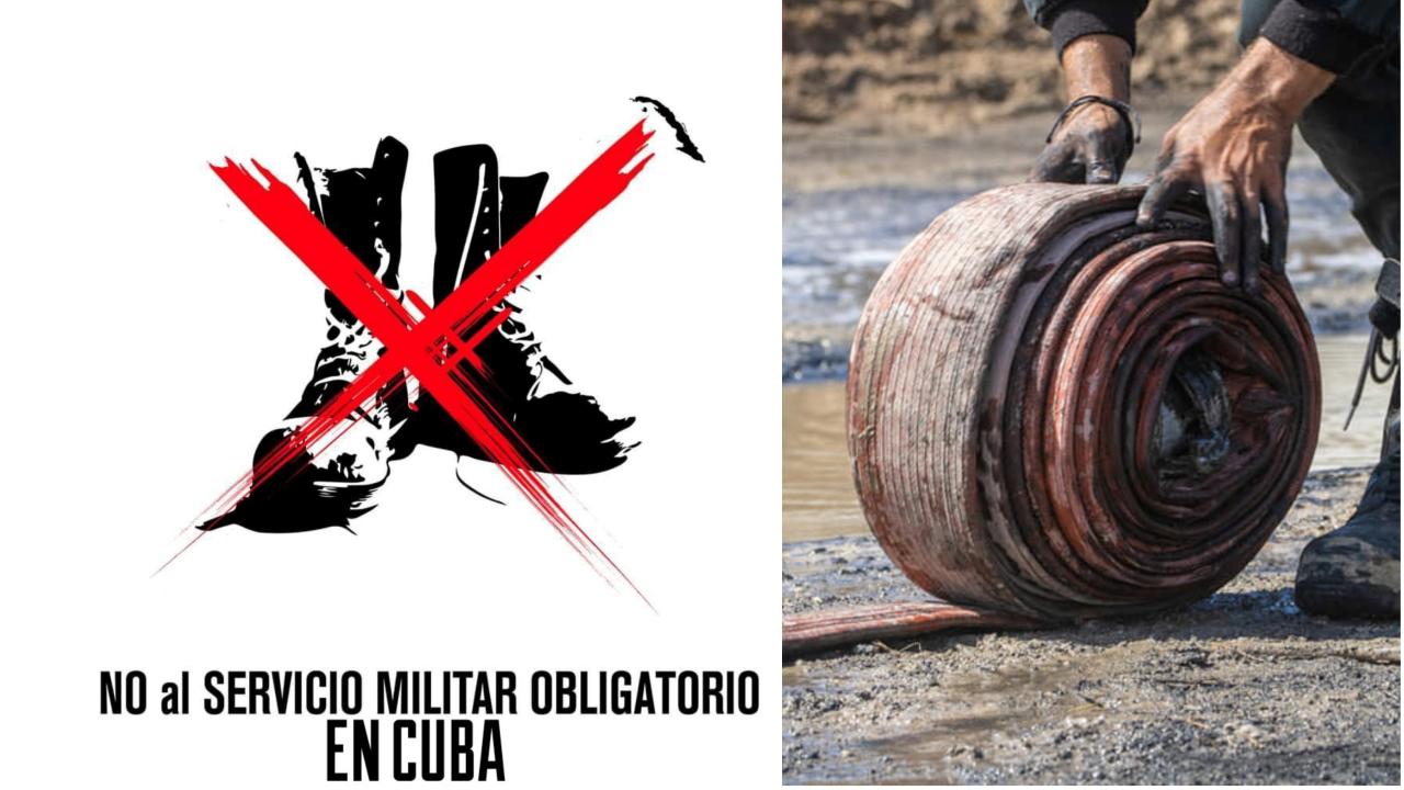 Imagen de la campaña #NoAlServicioMilitarObligatorioEnCuba (izq) y trabajos en la zona incendiada en Matanzas.