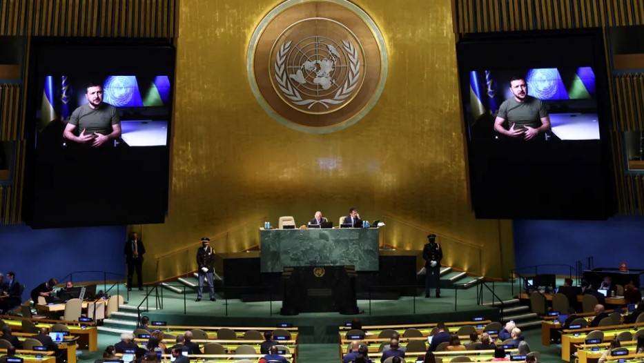 Zelensky al intervenir ante la Asamblea General de la ONU.