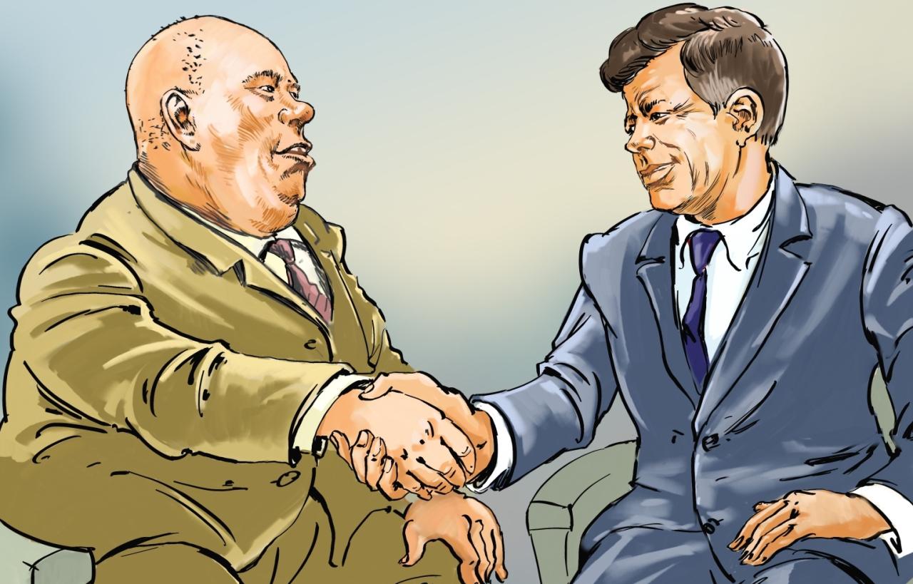 Cartoon of an agreement between Khrushchev and Kennedy in 1962. 