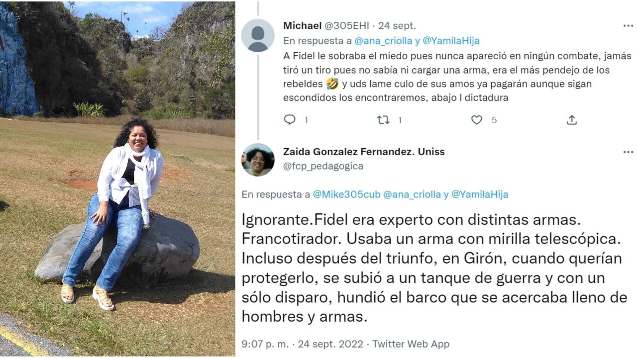 La profesora cubana Zaida González Fernández y el tuit de la polémica.