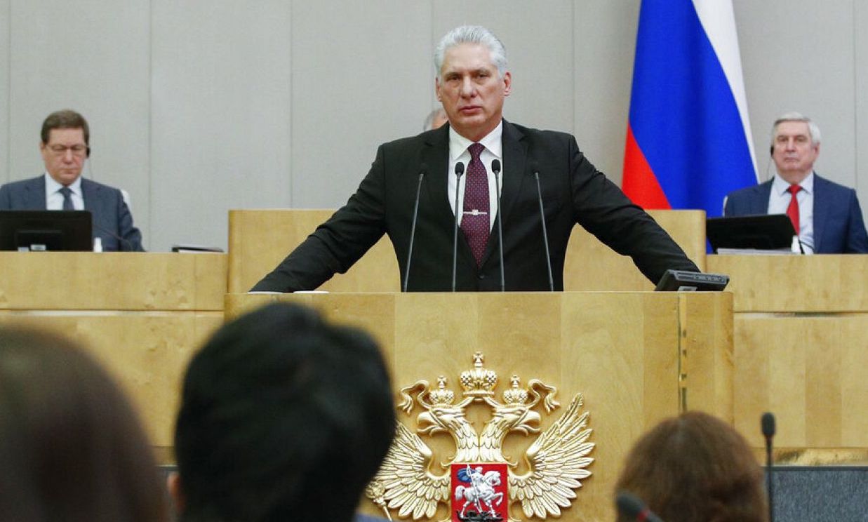 Miguel Diaz-Canel speaks at the Russian Duma in November 2022.