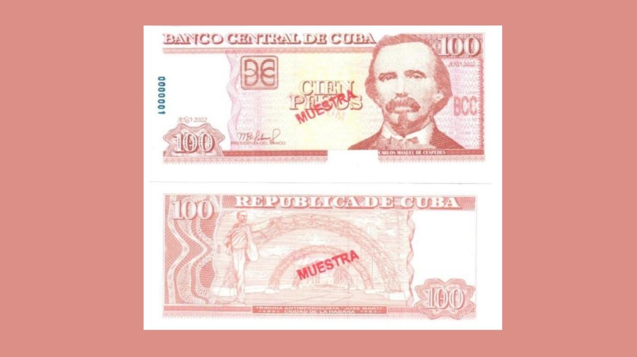 Billete de muestra de 100 pesos cubanos de la nueva emisión.
