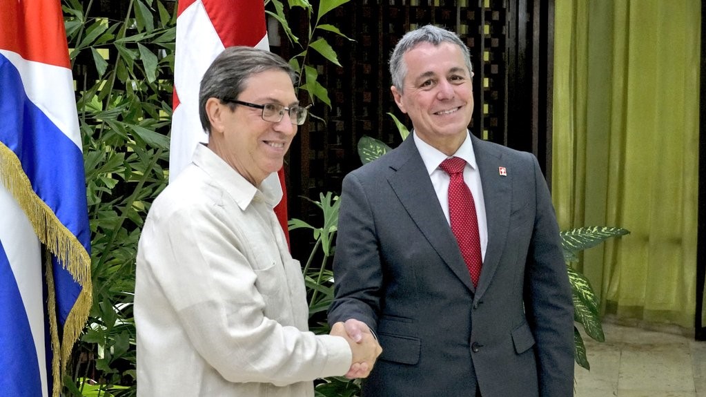 Bruno Rodríguez e Ignazio Cassis, canciller de Suiza, de visita en Cuba.
