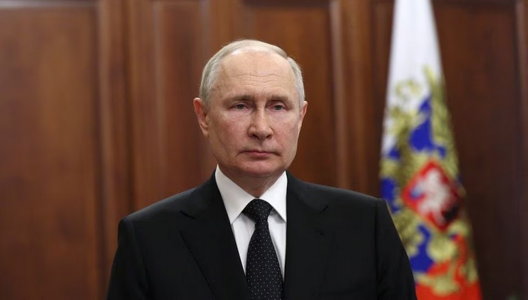 Vladimir Putin, el presidente de Rusia, durante el discurso televisado de emergencia que dio en Moscú el sábado 24 de junio de 2023.