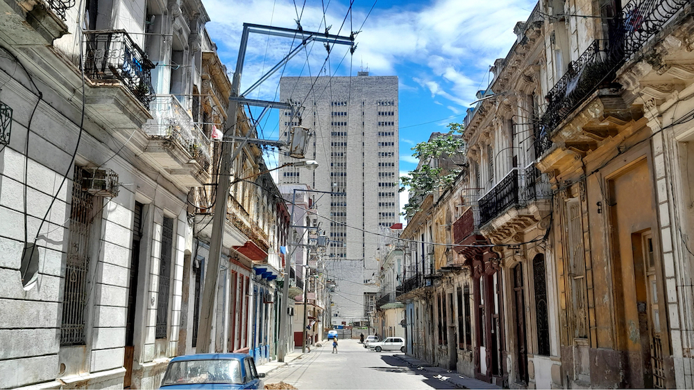 Hermanos Ameijeiras Hospital, seen from a street in Havana.