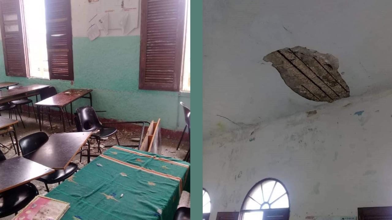 Derrumbe de parte del techo de un aula en Caibarién.