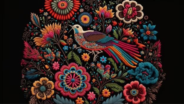 Pájaro y flores en un bordado mexicano.