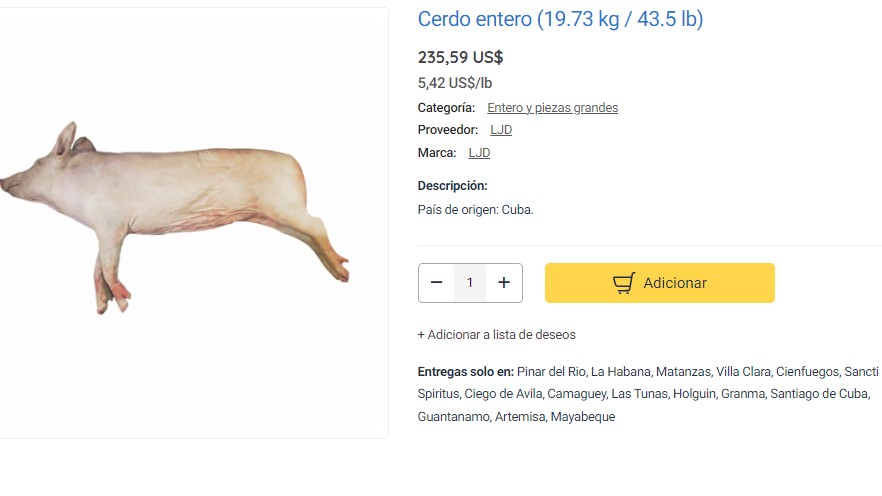 La oferta del cerdo pequeño producido en Cuba que vende Supermarket23.