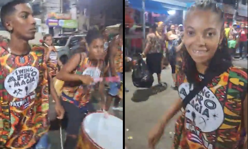 Músicos de samba reggae desfilando en los carnavales de Salvador de Bahía con la frase "Patria y Vida" en sus camisetas. Capturas de pantalla.