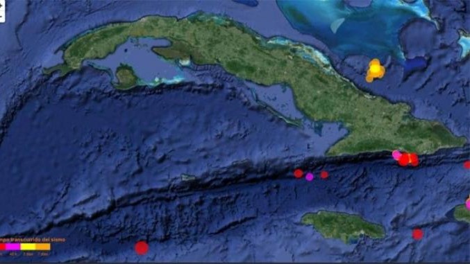 Localización del epicentro de los sismos al sur de Cuba.