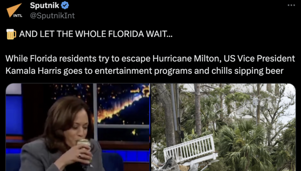 Publicación de Sputnik sobre la vicepresidenta de EEUU, Kamala Harris, y los daños provocados por el huracán Milton en Florida.