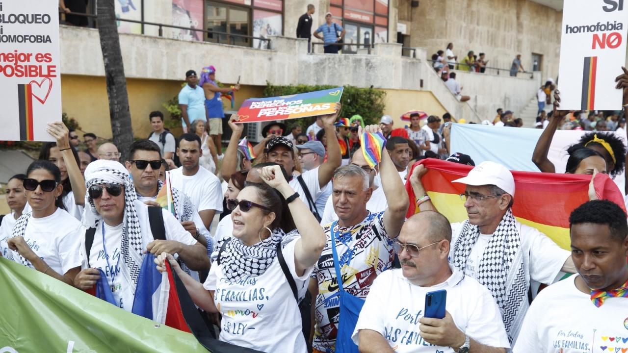 Mariela Castro en una marcha oficialista contra la homofobia convertida en una marcha pro Palestina.