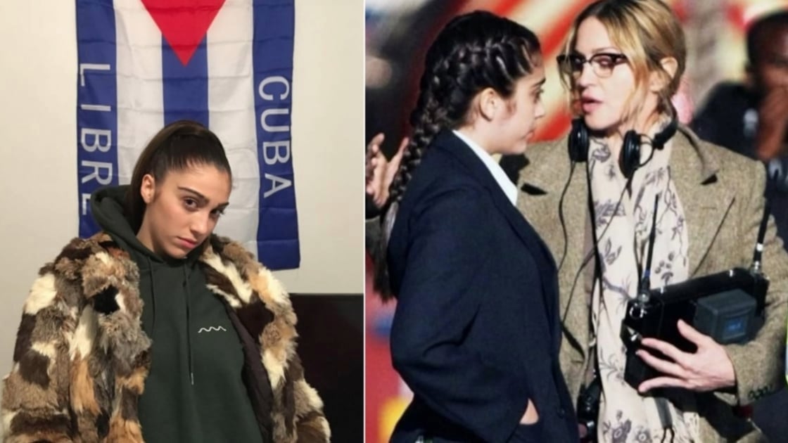 Lourdes María Ciccone León junto a la bandera cubana y junto a Madonna.