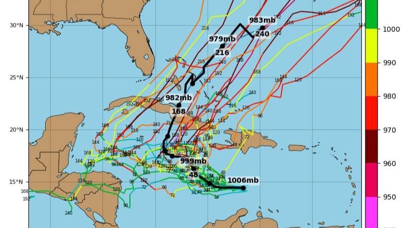 Modelo con trayectorias más preocupantes de Melissa sobre Cuba.