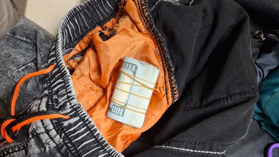 Dólares encontrados en un pantalón dentro del equipaje de un cubano.