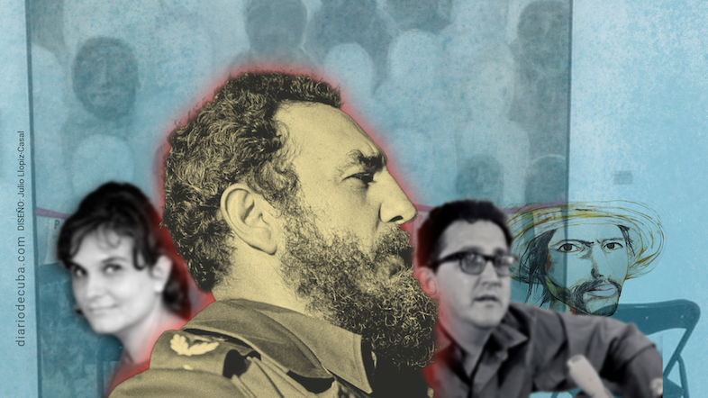 Antonia Eiriz, Fidel Castro y Heberto Padilla, con detalles de obras de Eiriz y Servando Cabrera Moreno.