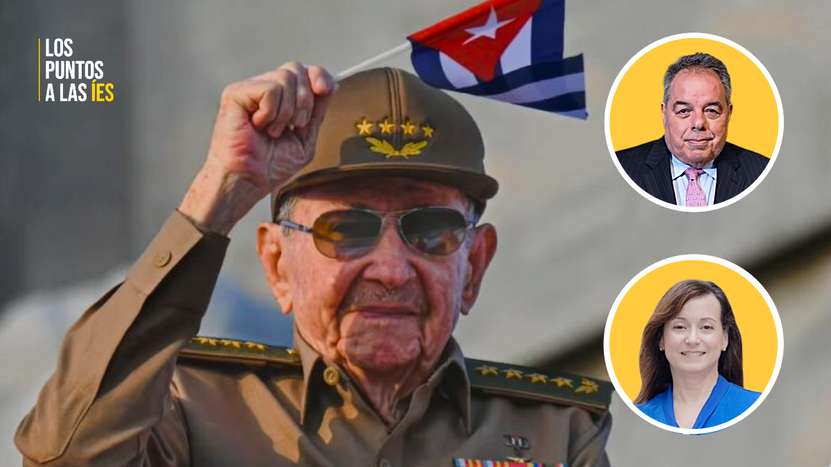 El abogado Wilfredo Allen y la directora de Archivo Cuba, María Werlau. De fondo, Raúl Castro en un acto del régimen.