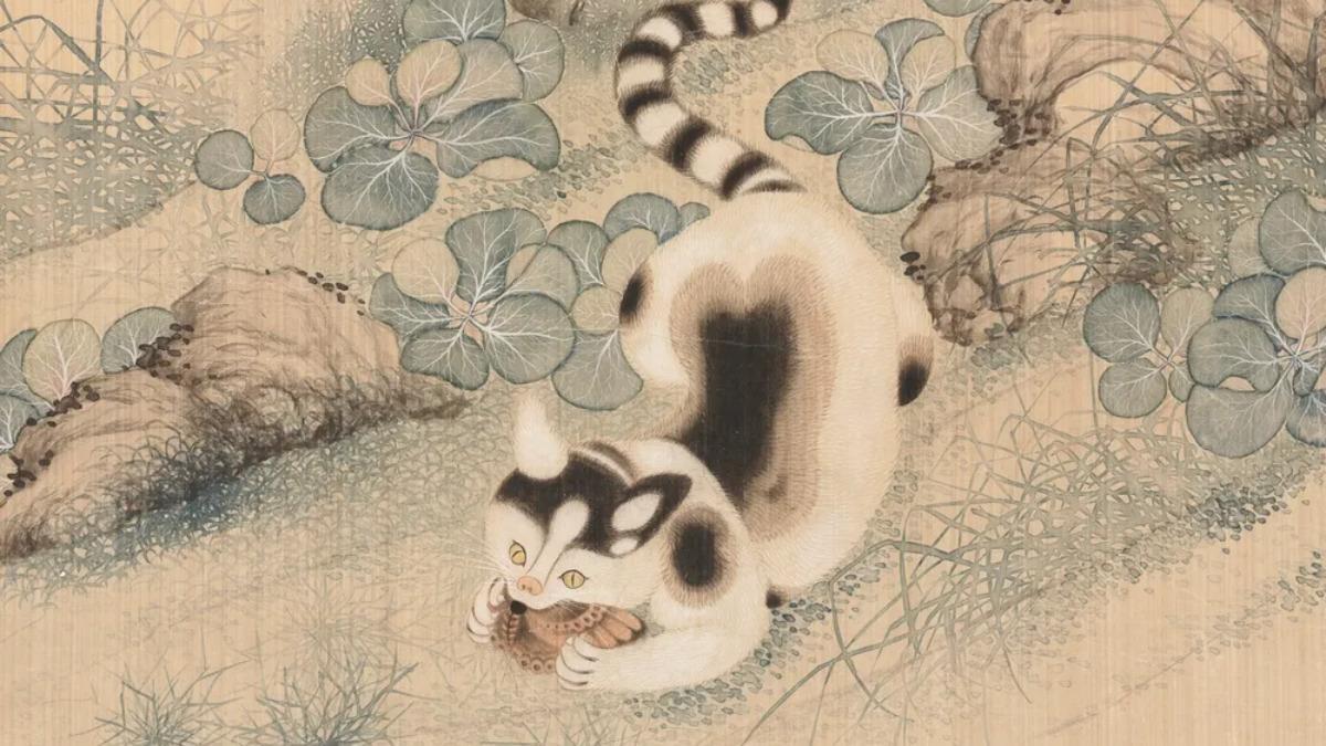 'Rollo colgante con amapolas, mariposas y un gato' de Yun Bing, 1683..