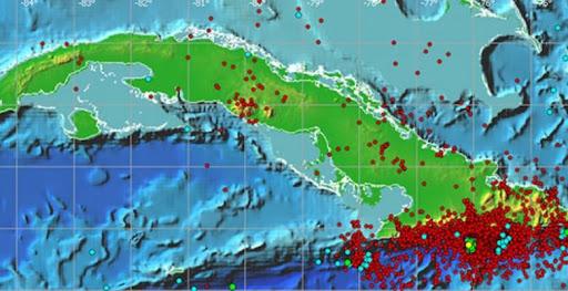 Mapa de Cuba con registro de actividad sísmica.