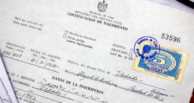 Certificación de nacimiento cubana.