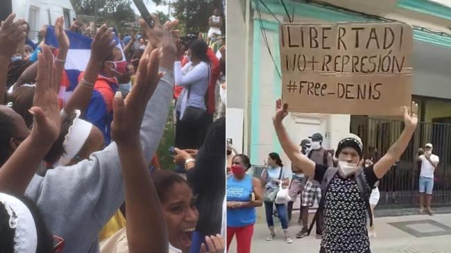 Acto de repudio en Cuba y manifestación de un joven por la libertad. 