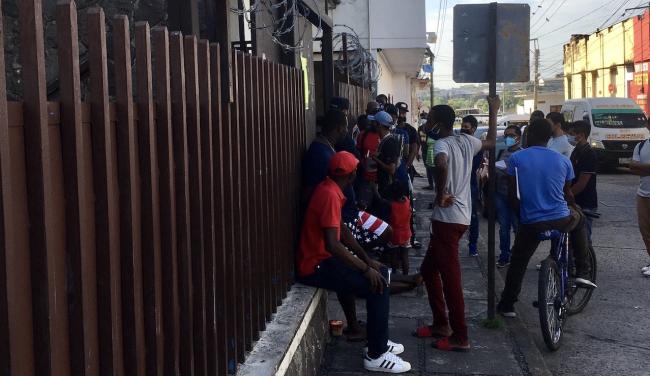 Migrants in front of an office of the Mexican Refugee Assistance Commission in Tapachula, Mexico.