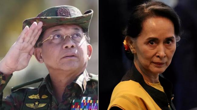 El comandante Min Aung Hlaing y la Premio Nobel de la Paz, Aung San Suu Kyi.