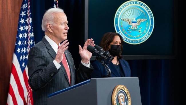 Joe Biden y Kamala Harris, en una conferencia de prensa. 