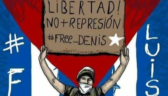 Dibujo con la imagen de Luis Robles el día de su protesta en La Habana, de la campaña en redes sociales por la libertad del joven. 