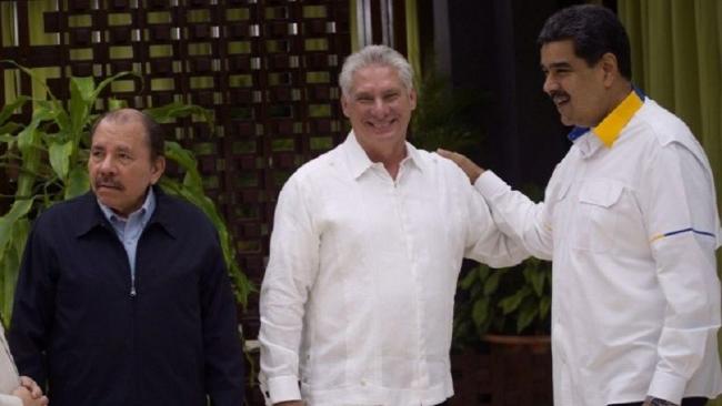 Daniel Ortega, Miguel Díaz-Canel y Nicolás Maduro en la Cumbre del ALBA en diciembre de 2019