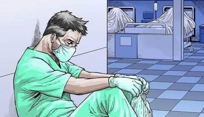 Dibujo de un médico agotado y pacientes fallecidos cubiertos con sábanas.