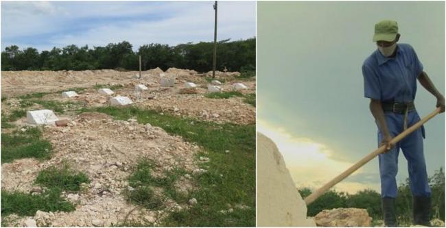 Tumbas y sepulturero en el cementerio de Manuel Tames, Guantánamo.
