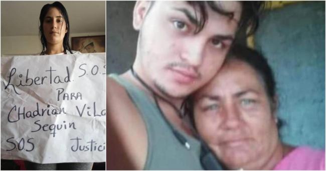 La esposa del manifestante cubano Chadryan Vila (Izq) y William Manuel Leyva Pupo y su madre (d)..