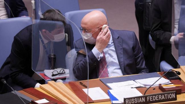 El embajador de Rusia en la ONU, Vasily Nebenzya, durante la reunión del Consejo de Seguridad.