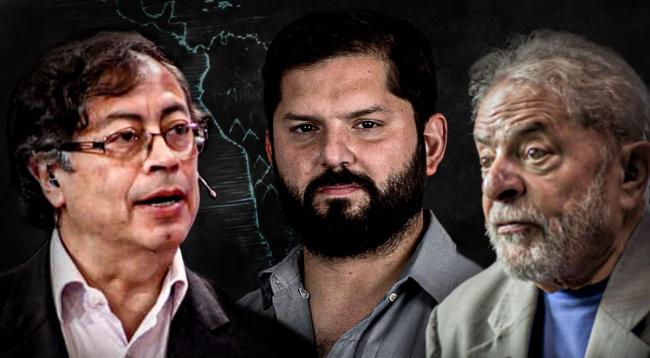 En los extremos, los candidatos Gustavo Petro y Lula da Silva. Al centro, el presidente chileno Gabriel Boric.